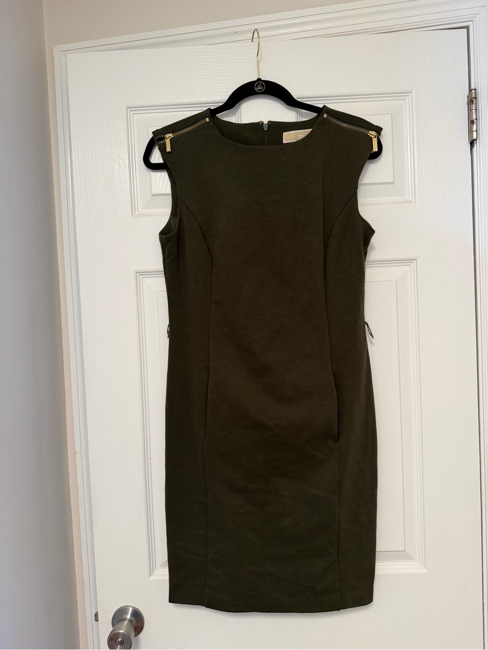 Michael Kors Olive Green Midi Sheath Dress with Gold Zipper Accents